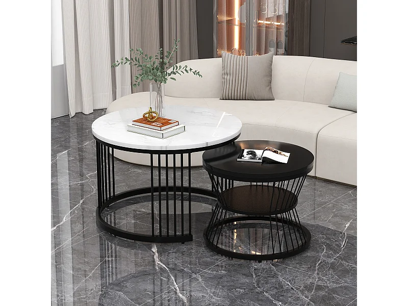 Mesa de centro nido moderna, MDF, tablero lacado efecto mármol, estructura negra (70x70x45,5 + 45x45x40cm)