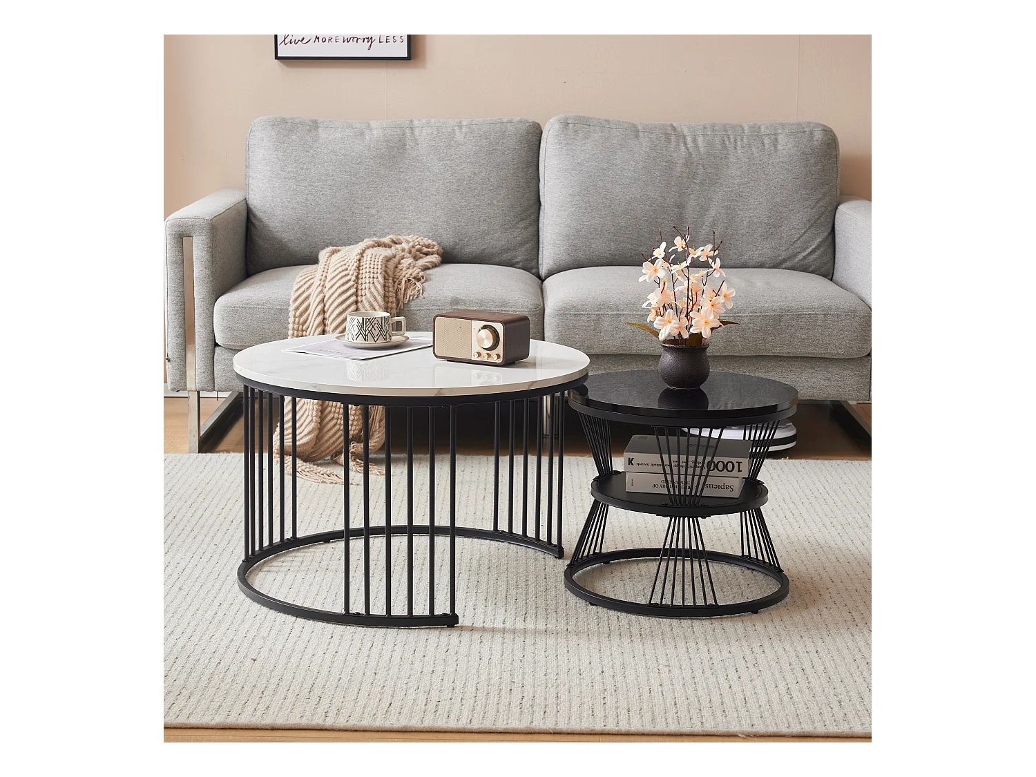 Table basse gigogne moderne, MDF, plateau laqué effet marbre, cadre noir (70x70x45.5+45x45x40cm)