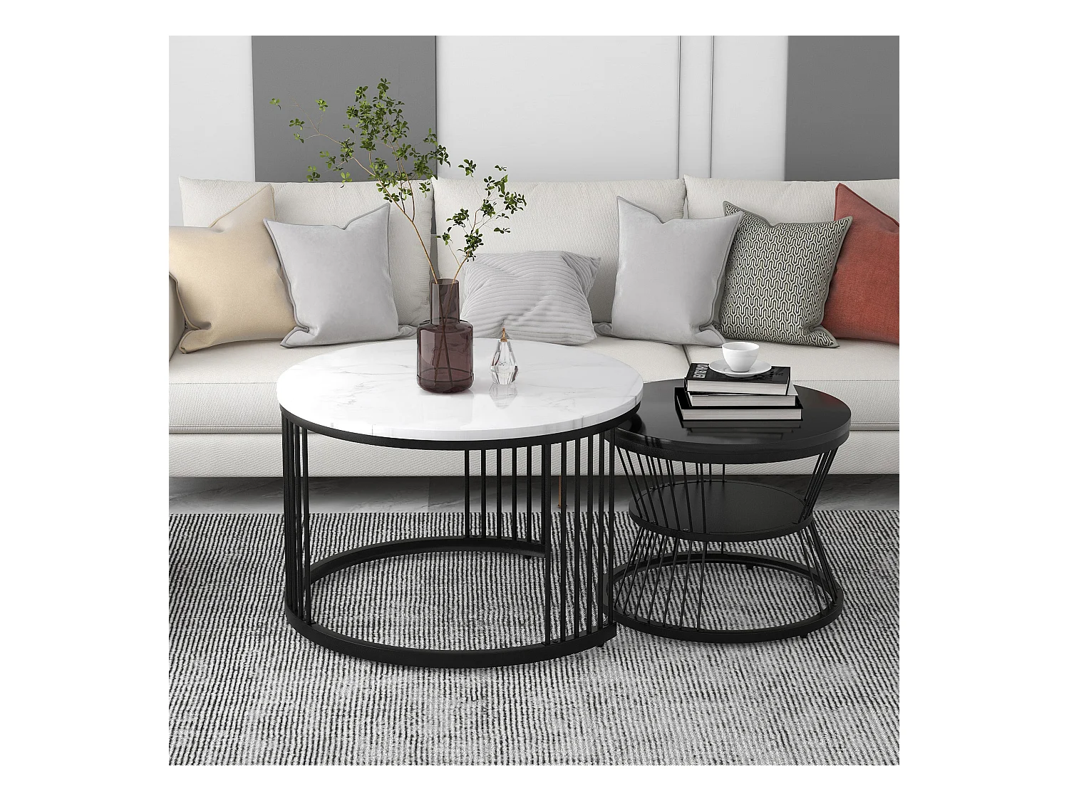 Table basse gigogne moderne, MDF, plateau laqué effet marbre, cadre noir (70x70x45.5+45x45x40cm)