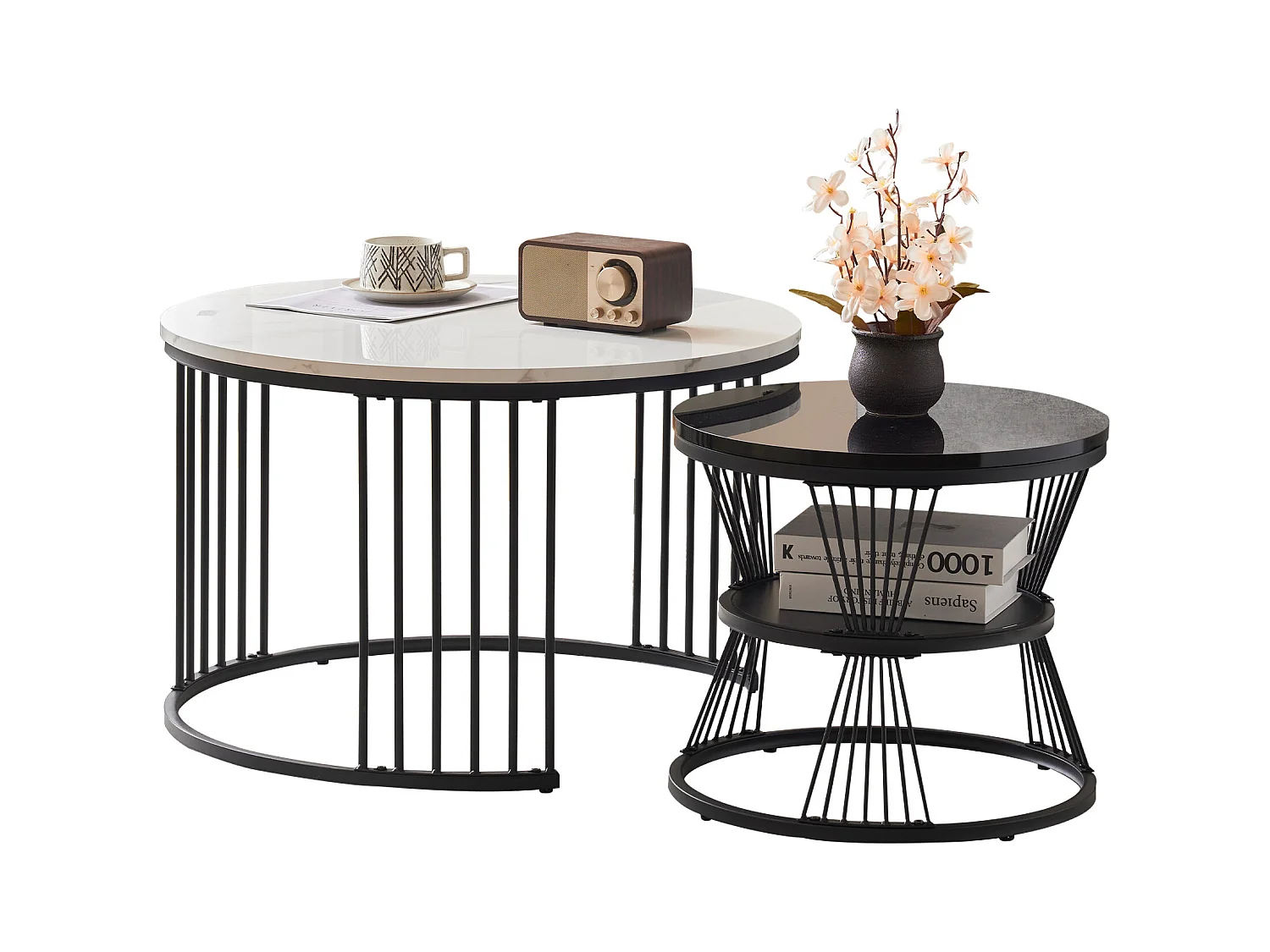 Table basse gigogne moderne, MDF, plateau laqué effet marbre, cadre noir (70x70x45.5+45x45x40cm)