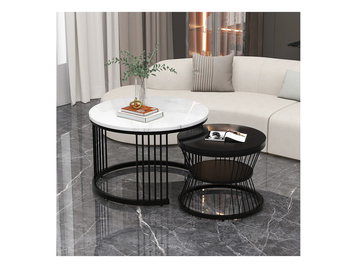 Table basse gigogne moderne, MDF, plateau laqué effet marbre, cadre noir (70x70x45.5+45x45x40cm)