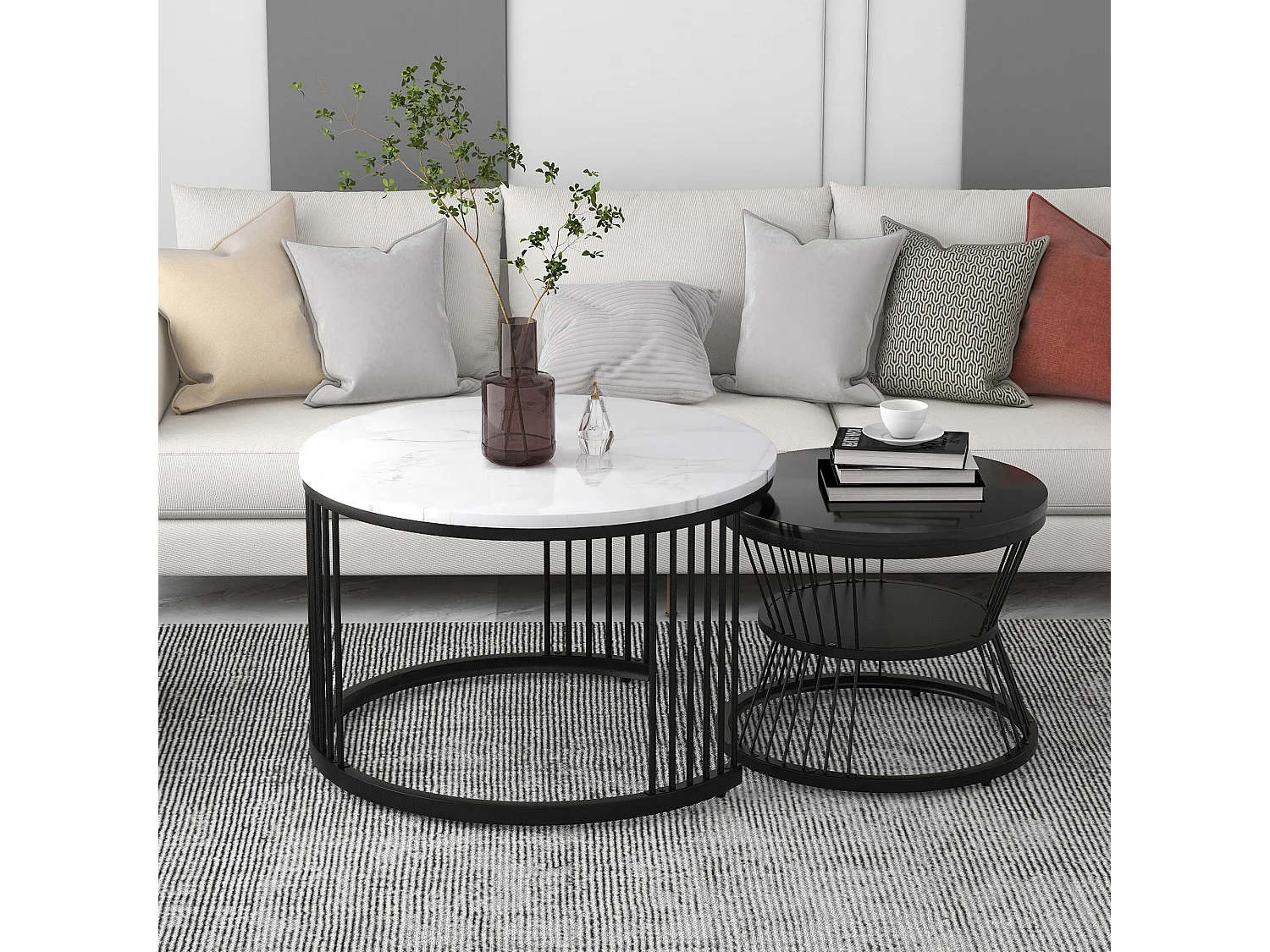 Table basse gigogne moderne, MDF, plateau laqué effet marbre, cadre noir (70x70x45.5+45x45x40cm)