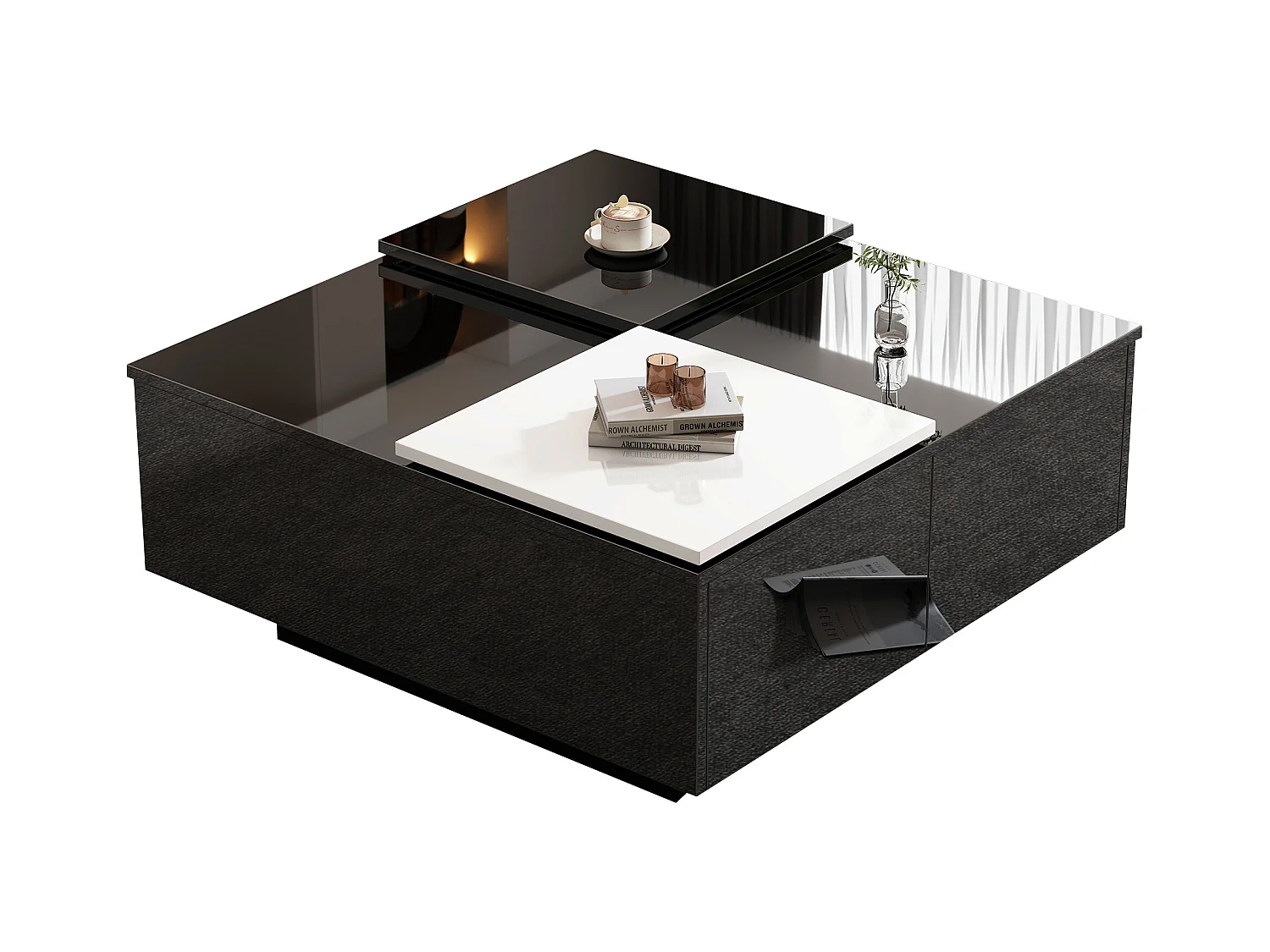 Table basse carrée moderne laquée noire avec étagères, petite tablette coulissante contrastée en blanc, capacité max. 30 kg (75x75x33.5 cm)