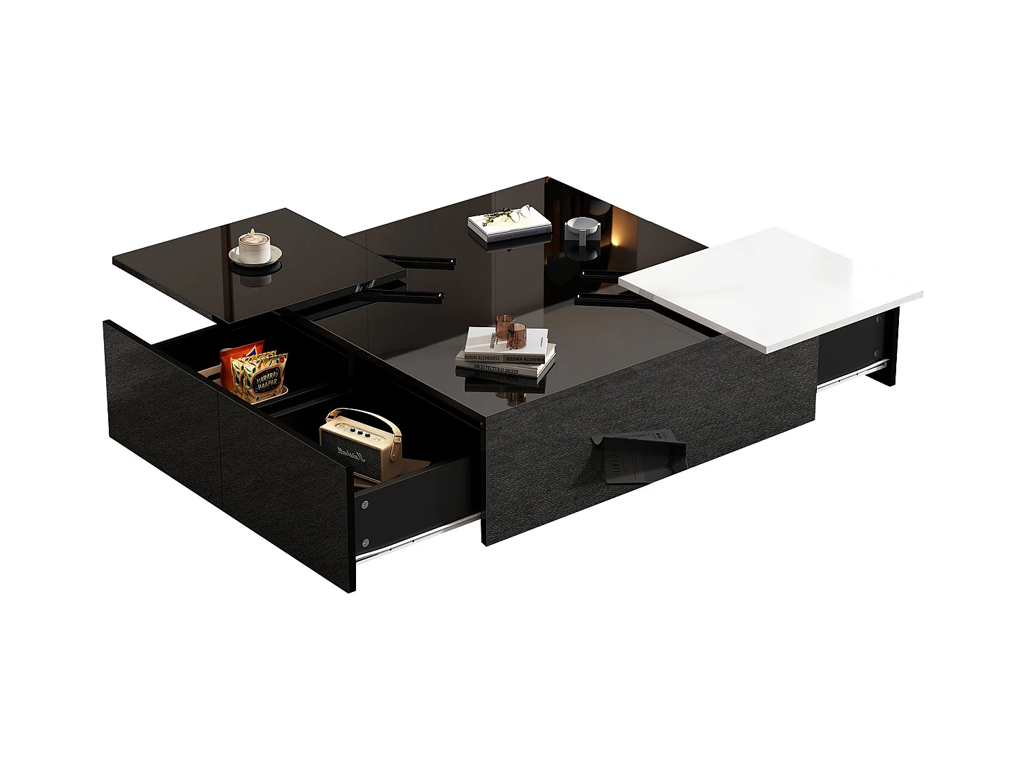 Table basse carrée moderne laquée noire avec étagères, petite tablette coulissante contrastée en blanc, capacité max. 30 kg (75x75x33.5 cm)