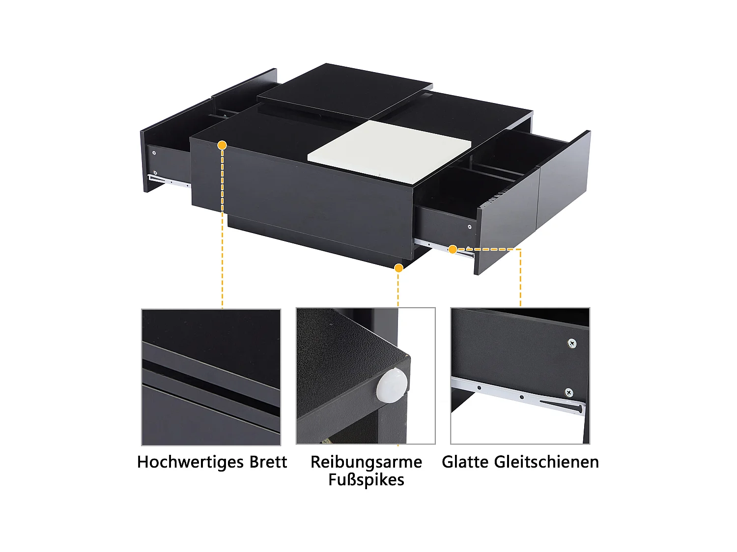Table basse carrée moderne laquée noire avec étagères, petite tablette coulissante contrastée en blanc, capacité max. 30 kg (75x75x33.5 cm)