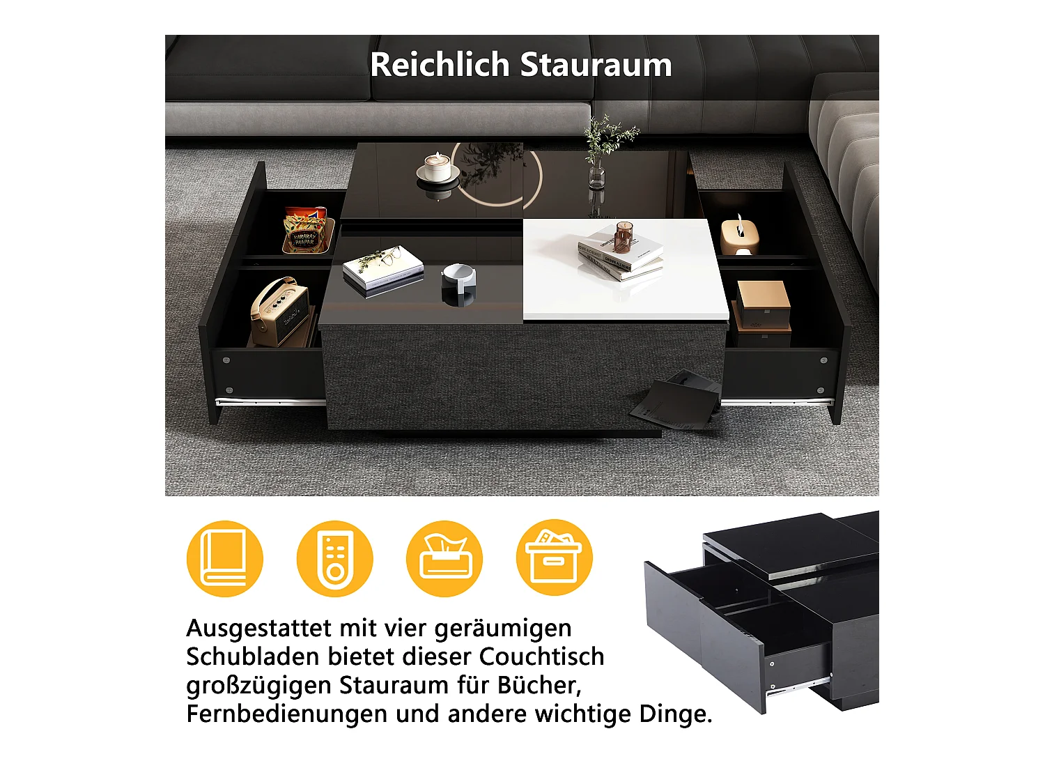 Table basse carrée moderne laquée noire avec étagères, petite tablette coulissante contrastée en blanc, capacité max. 30 kg (75x75x33.5 cm)