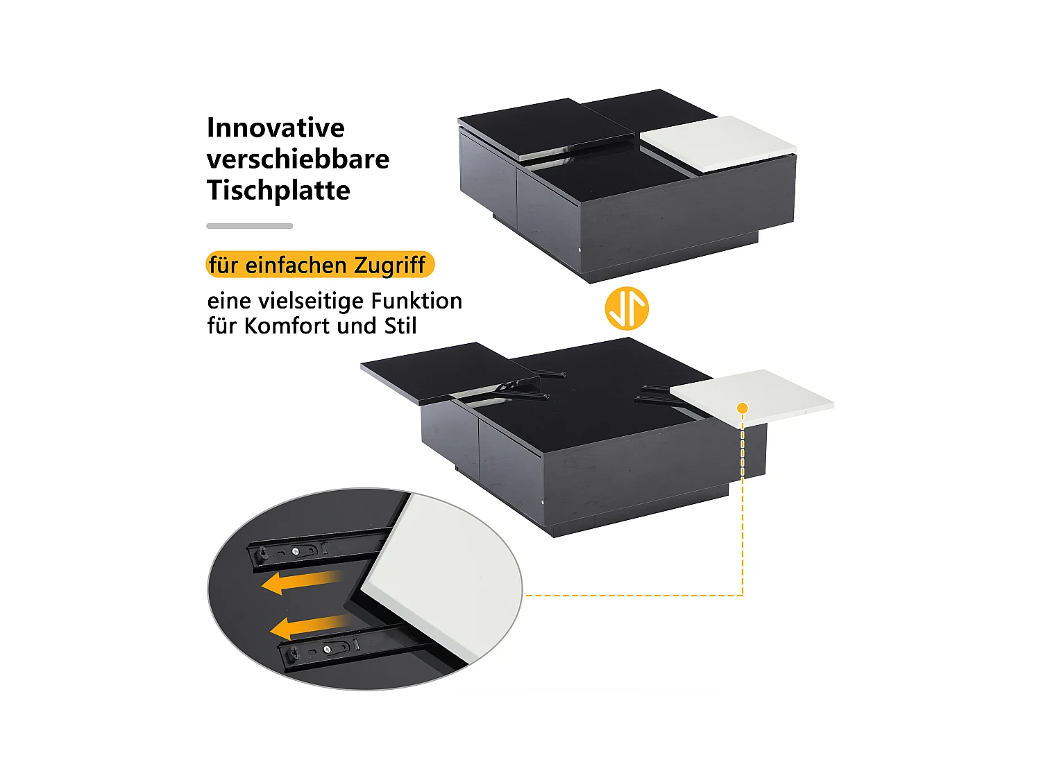 Table basse carrée moderne laquée noire avec étagères, petite tablette coulissante contrastée en blanc, capacité max. 30 kg (75x75x33.5 cm)
