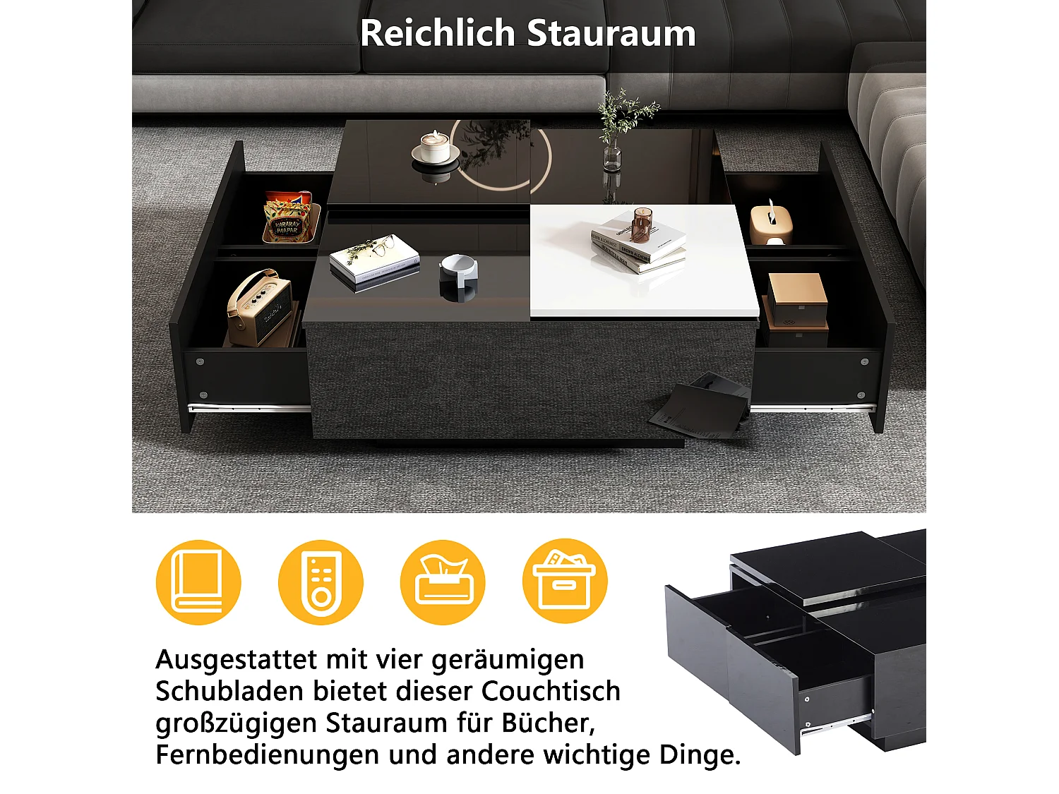 Table basse carrée moderne laquée noire avec étagères, petite tablette coulissante contrastée en blanc, capacité max. 30 kg (75x75x33.5 cm)