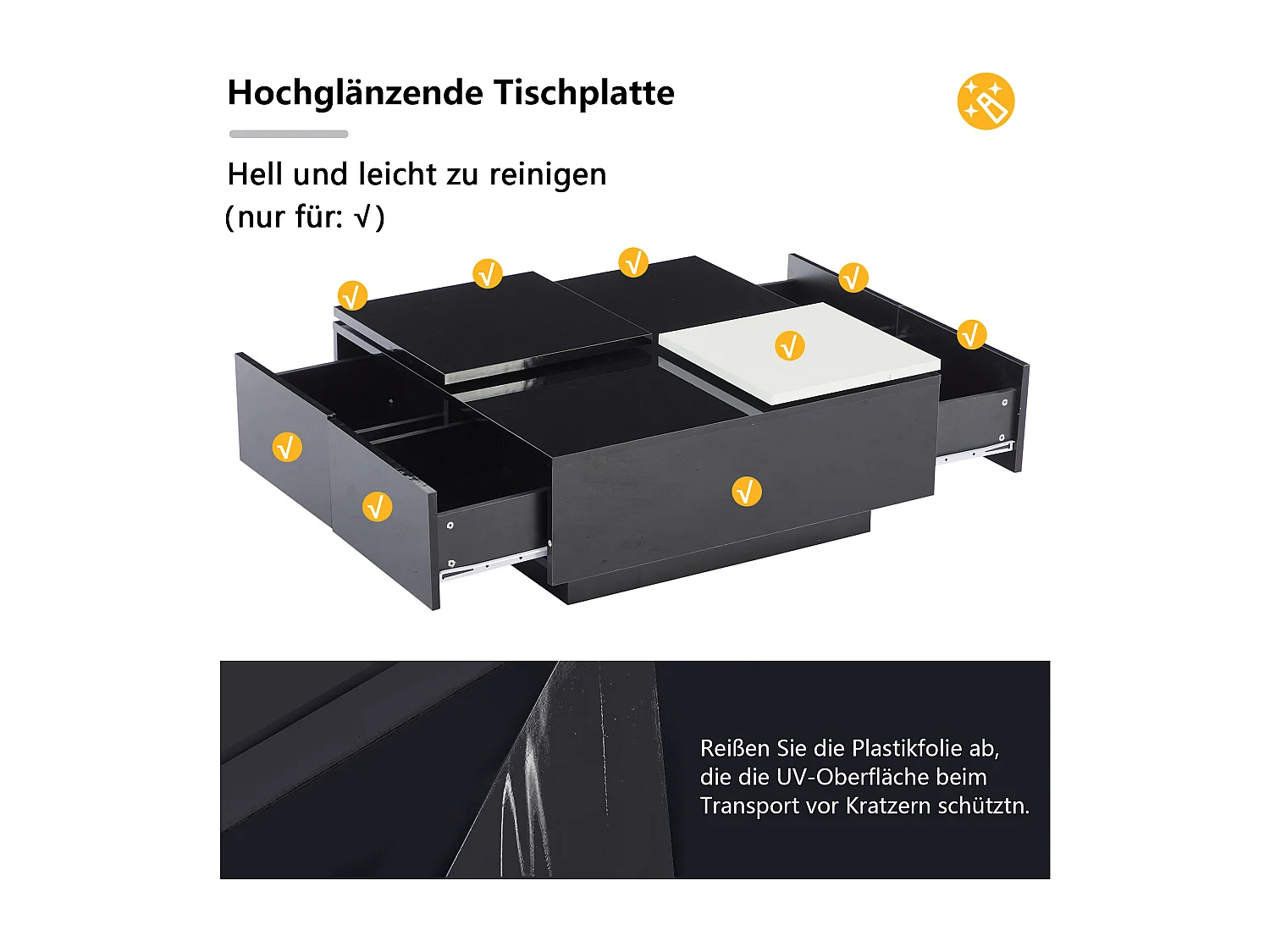 Table basse carrée moderne laquée noire avec étagères, petite tablette coulissante contrastée en blanc, capacité max. 30 kg (75x75x33.5 cm)