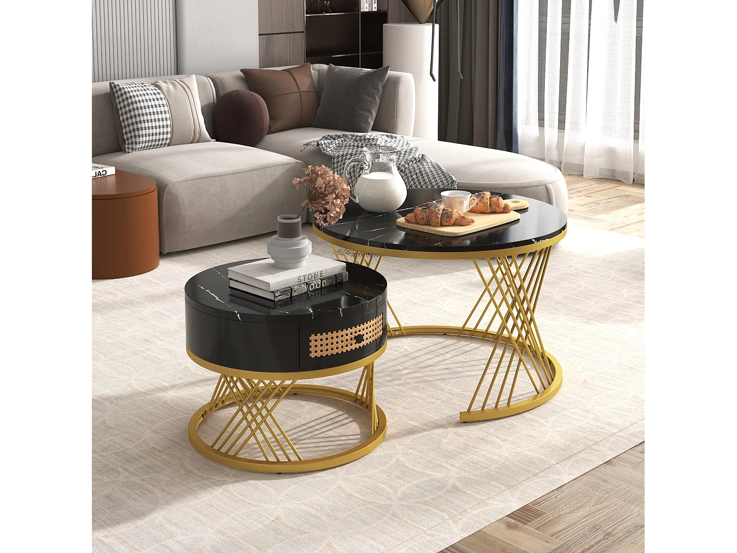 Table basse 2-en-1 avec plateau en marbre et tiroirs en rotin plastique, pieds en métal doré, MDF, noir et or (70x70x45.5+50x50x38.5 cm)