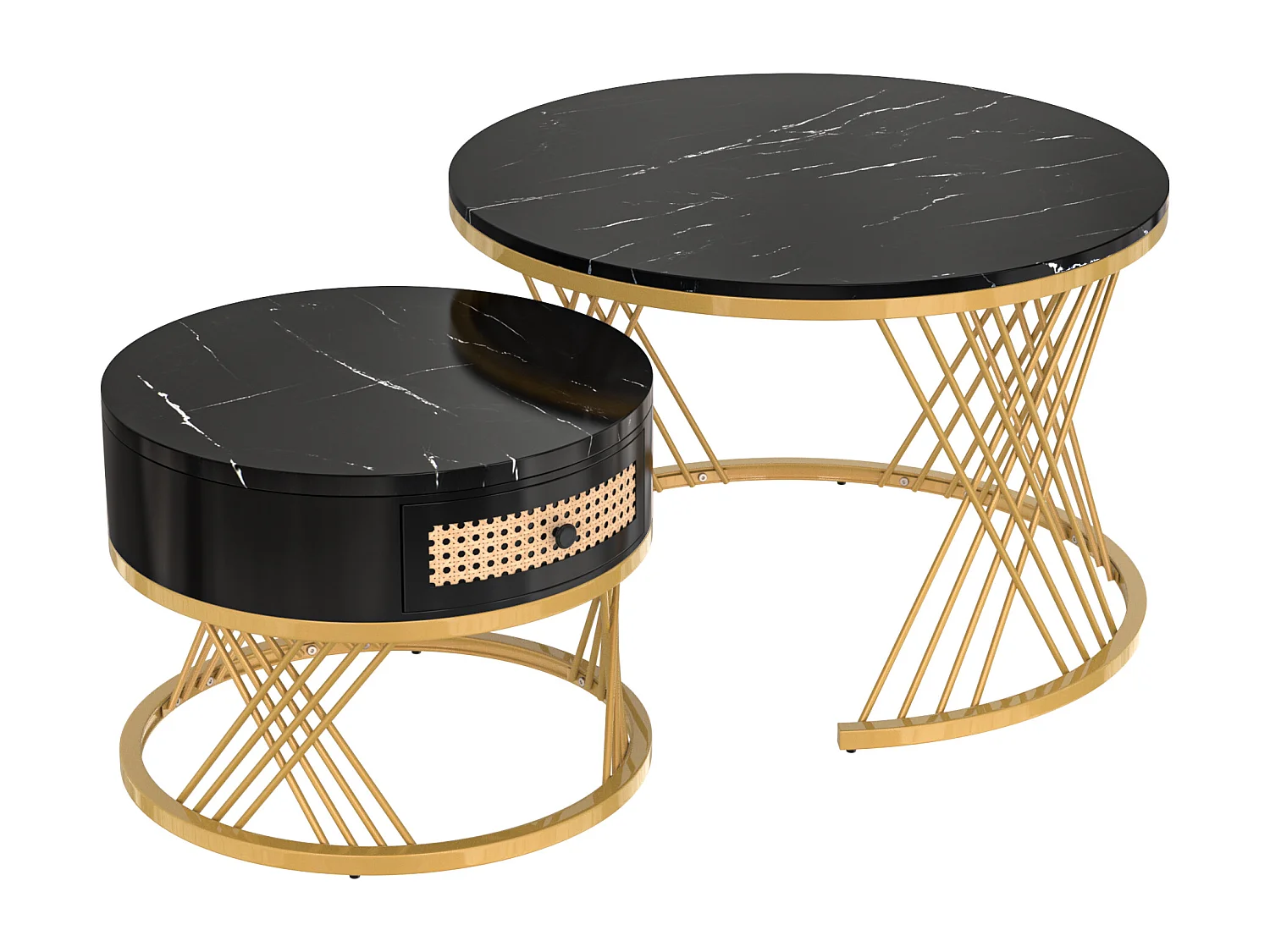 Tavolino 2 in 1 con piano in marmo e cassetti in rattan plastico, gambe in metallo dorato, MDF, nero e oro (70x70x45,5+50x50x38,5 cm)