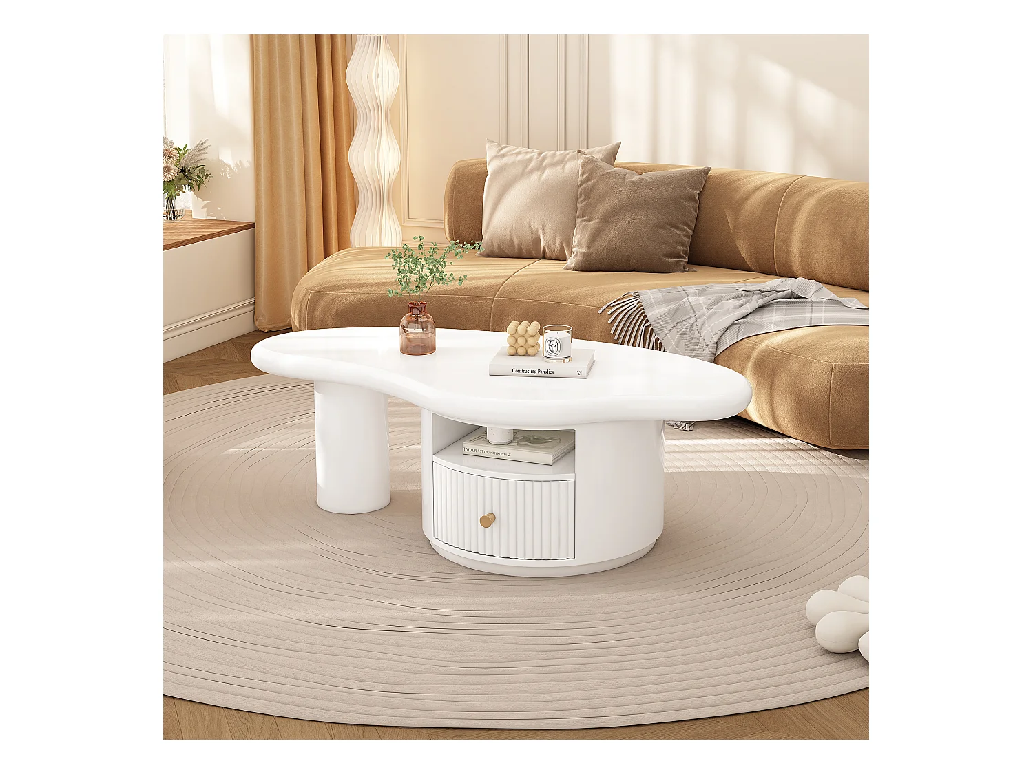 Mesa de centro de diseño en forma de nube, tablero de MDF, 1 cajón, patas de fieltro, color blanco (110x60x37,5cm)