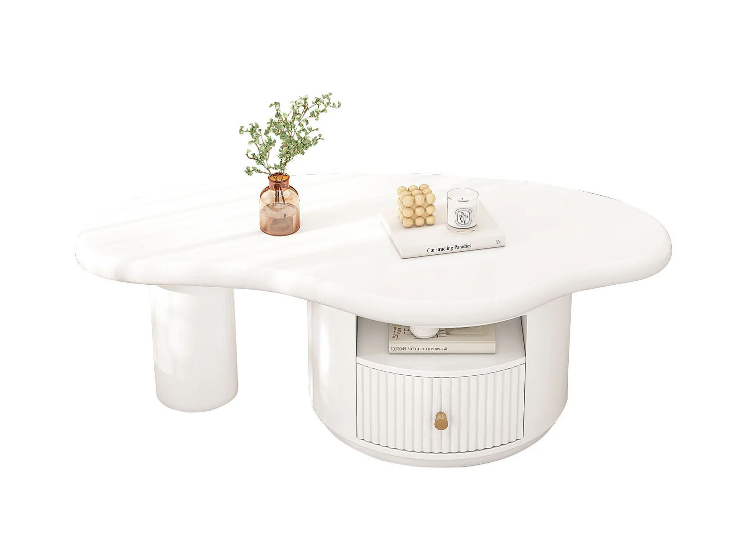 Mesa de centro de diseño en forma de nube, tablero de MDF, 1 cajón, patas de fieltro, color blanco (110x60x37,5cm)