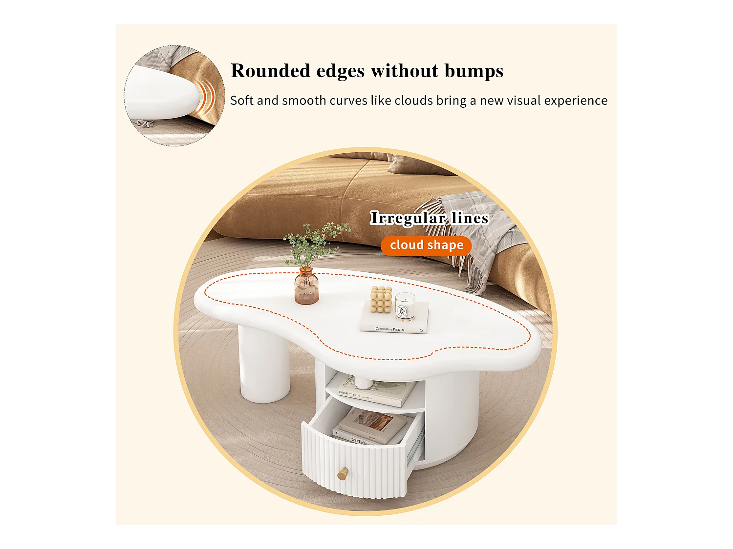 Mesa de centro de diseño en forma de nube, tablero de MDF, 1 cajón, patas de fieltro, color blanco (110x60x37,5cm)