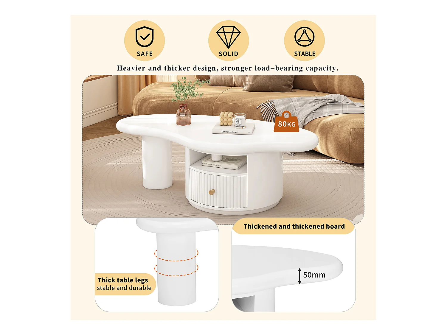 Mesa de centro de diseño en forma de nube, tablero de MDF, 1 cajón, patas de fieltro, color blanco (110x60x37,5cm)