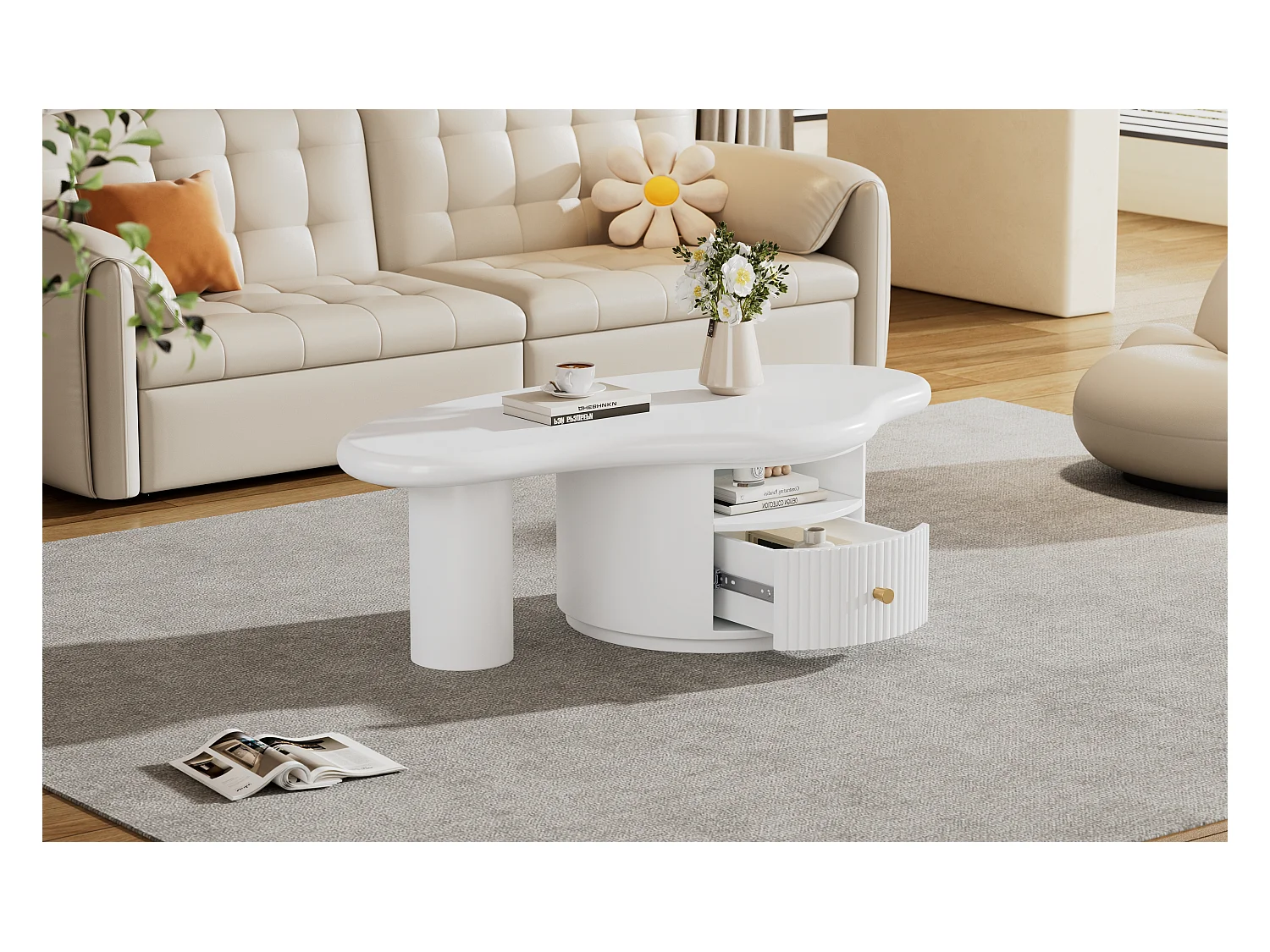 Mesa de centro de diseño en forma de nube, tablero de MDF, 1 cajón, patas de fieltro, color blanco (110x60x37,5cm)