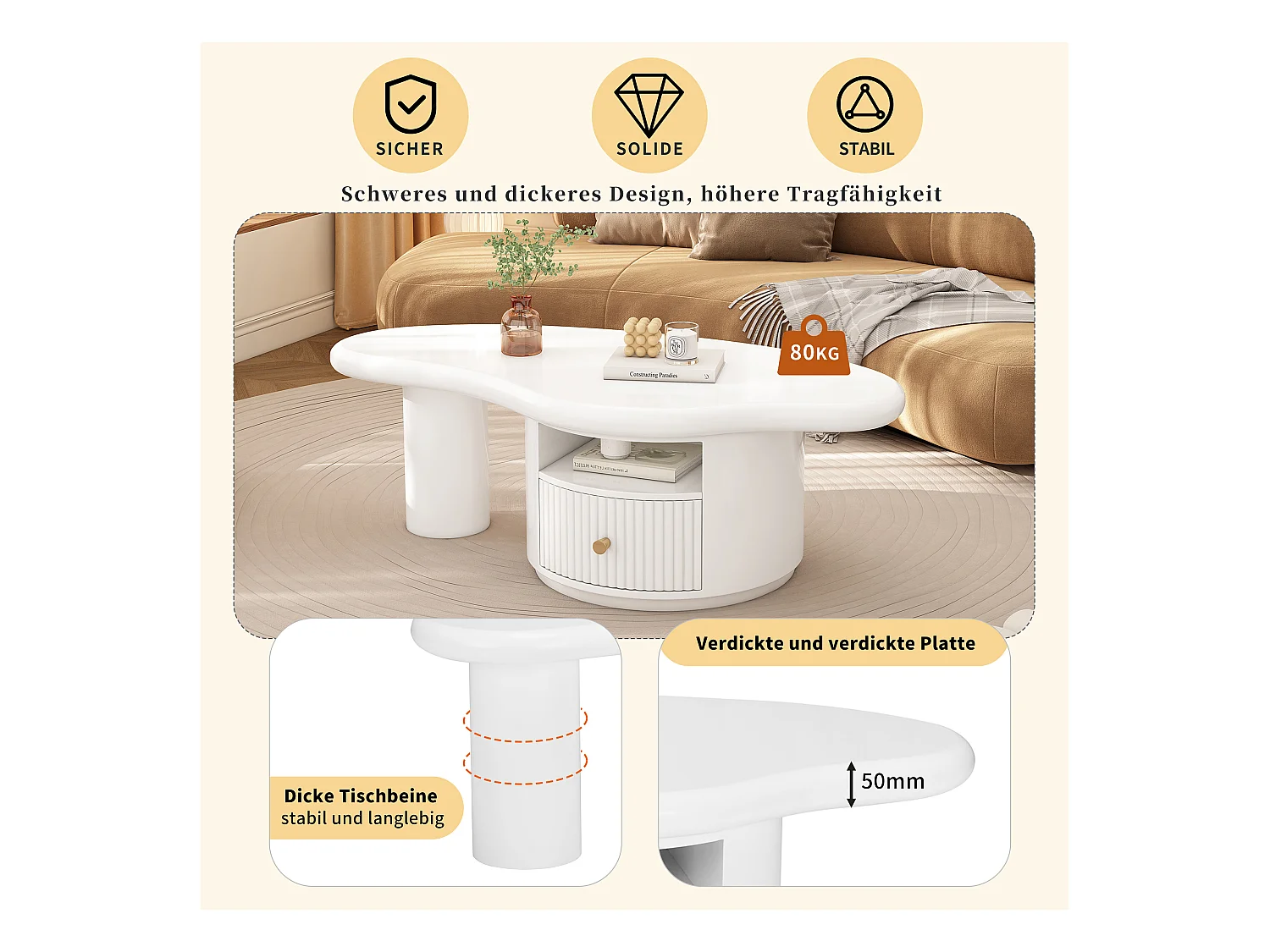 Mesa de centro de diseño en forma de nube, tablero de MDF, 1 cajón, patas de fieltro, color blanco (110x60x37,5cm)