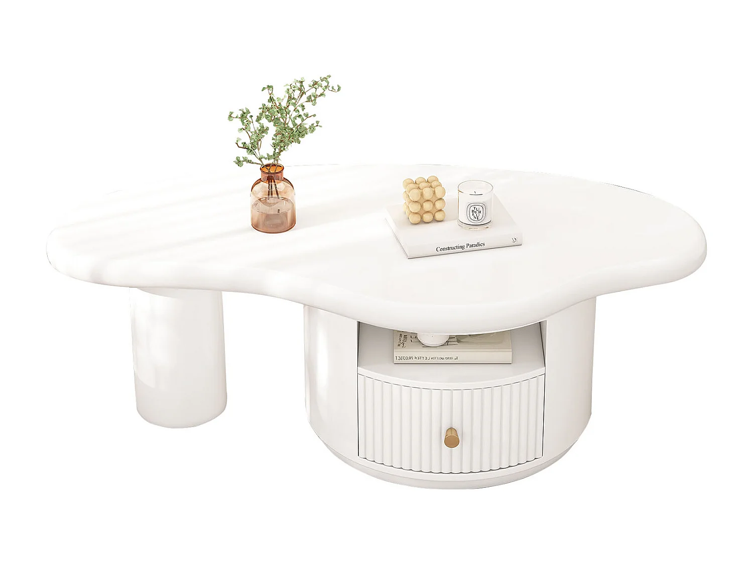 Table basse design forme nuage, plateau MDF, 1 tiroir, pieds avec feutrine, blanc (110x60x37.5cm)
