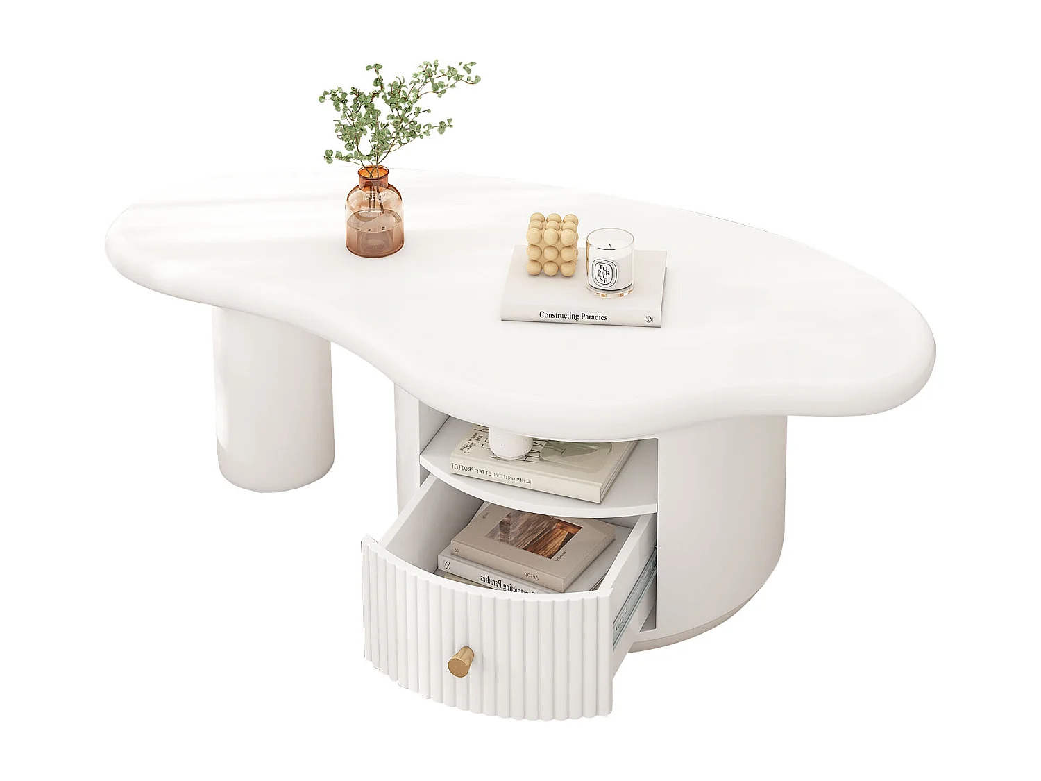 Table basse design forme nuage, plateau MDF, 1 tiroir, pieds avec feutrine, blanc (110x60x37.5cm)