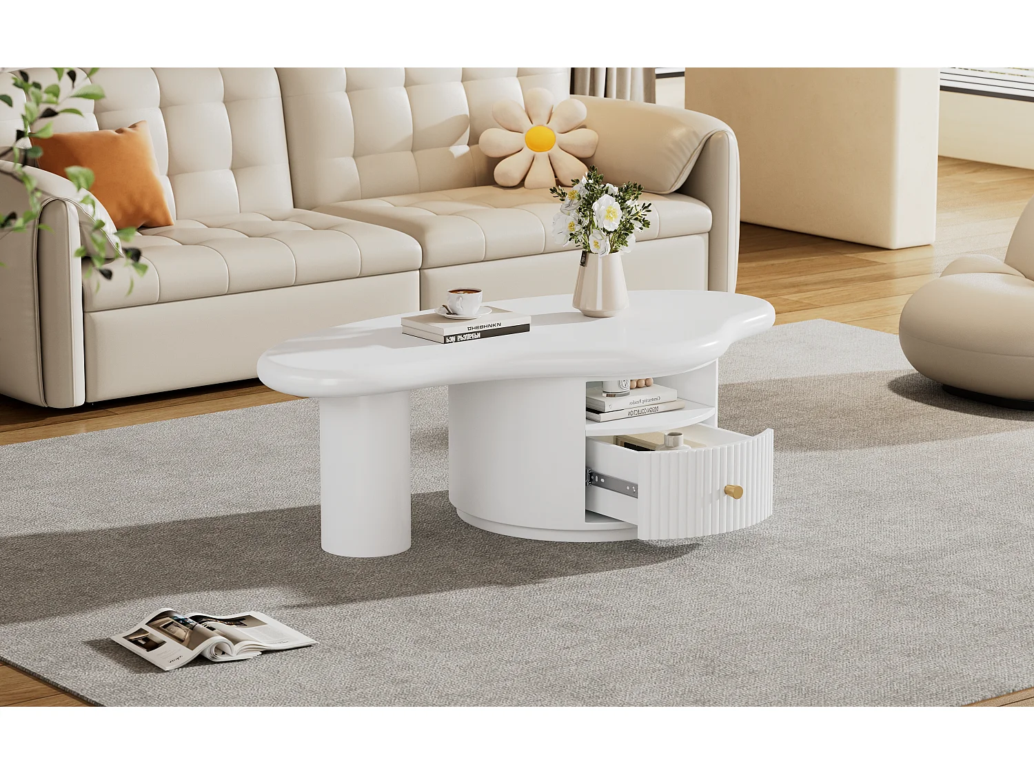 Table basse design forme nuage, plateau MDF, 1 tiroir, pieds avec feutrine, blanc (110x60x37.5cm)