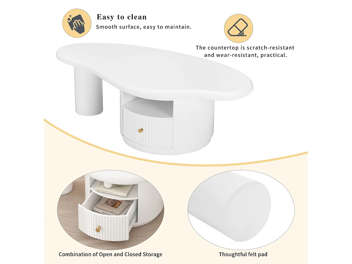 Table basse design forme nuage, plateau MDF, 1 tiroir, pieds avec feutrine, blanc (110x60x37.5cm)