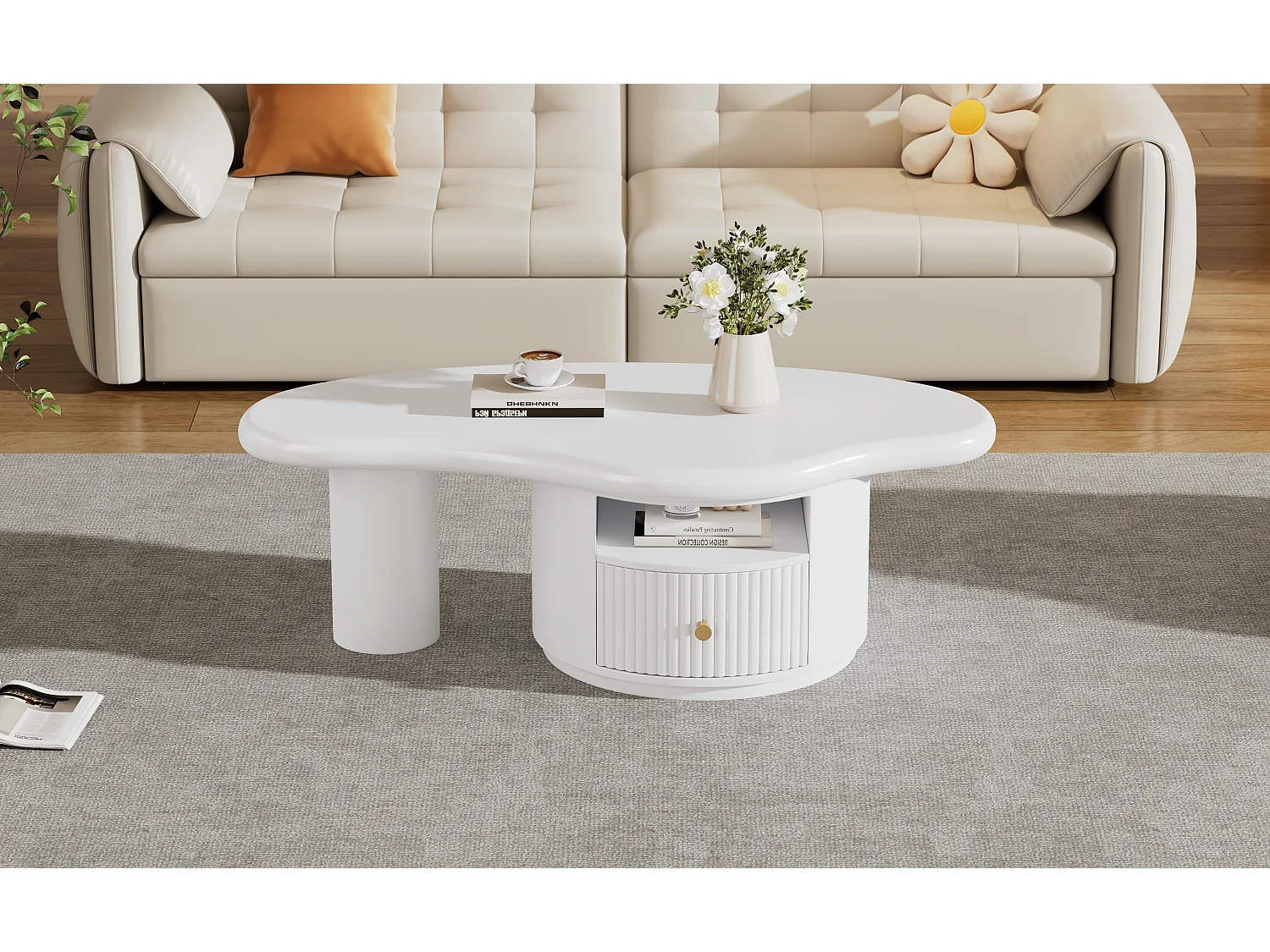 Table basse design forme nuage, plateau MDF, 1 tiroir, pieds avec feutrine, blanc (110x60x37.5cm)