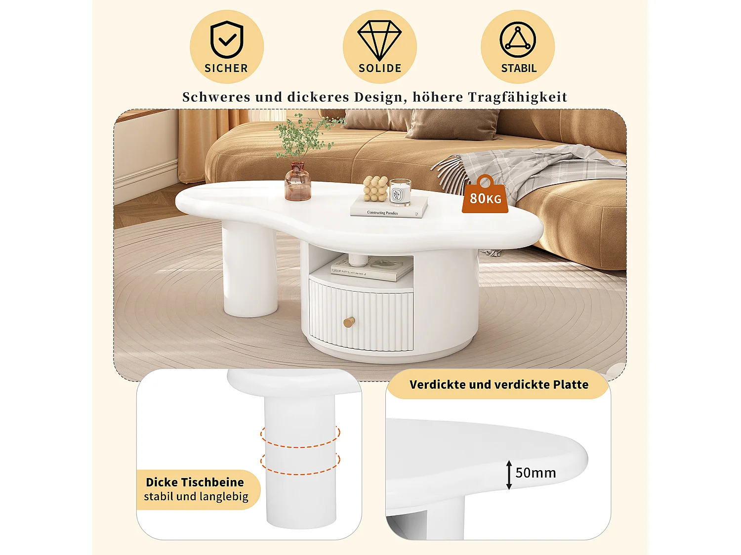 Table basse design forme nuage, plateau MDF, 1 tiroir, pieds avec feutrine, blanc (110x60x37.5cm)