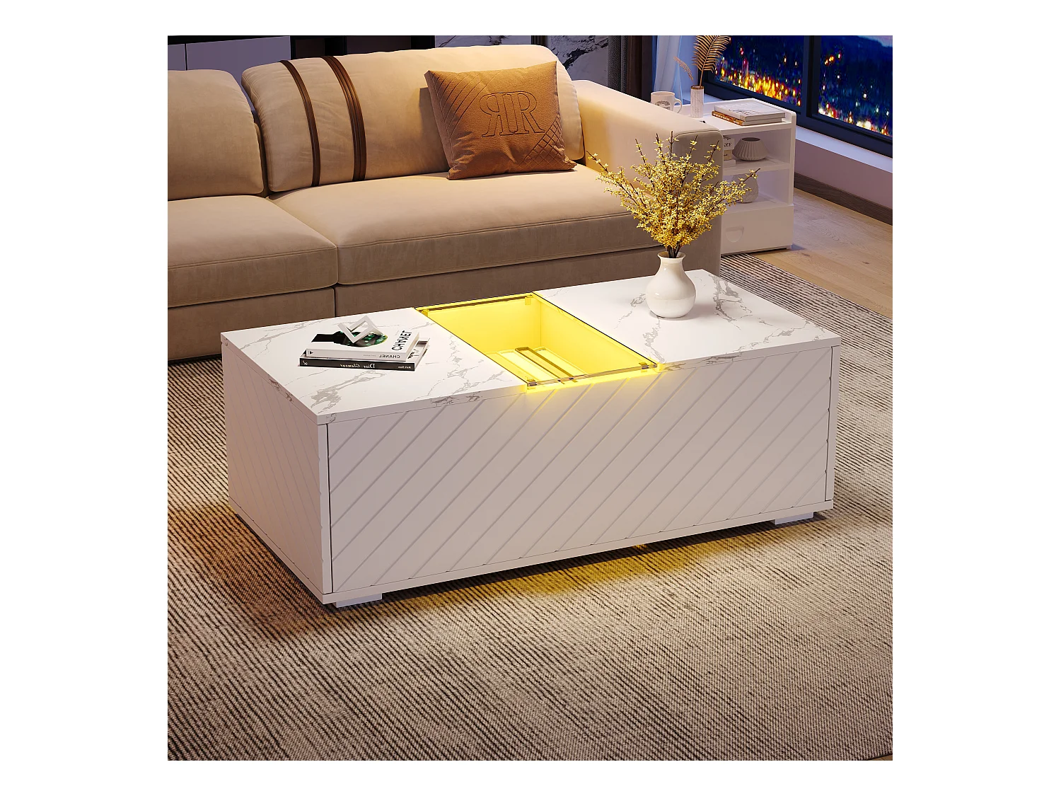 Tavolino da caffè effetto marmo bianco con illuminazione a LED, piano in vetro e 2 cassetti, pannelli in MDF (100x50x35cm)