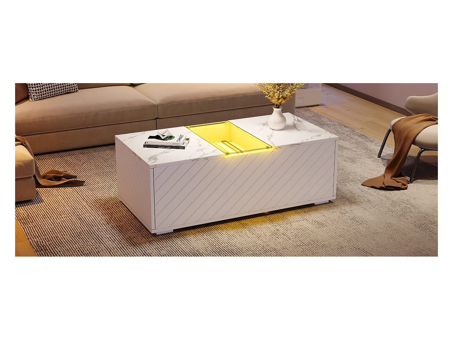 Tavolino da caffè effetto marmo bianco con illuminazione a LED, piano in vetro e 2 cassetti, pannelli in MDF (100x50x35cm)