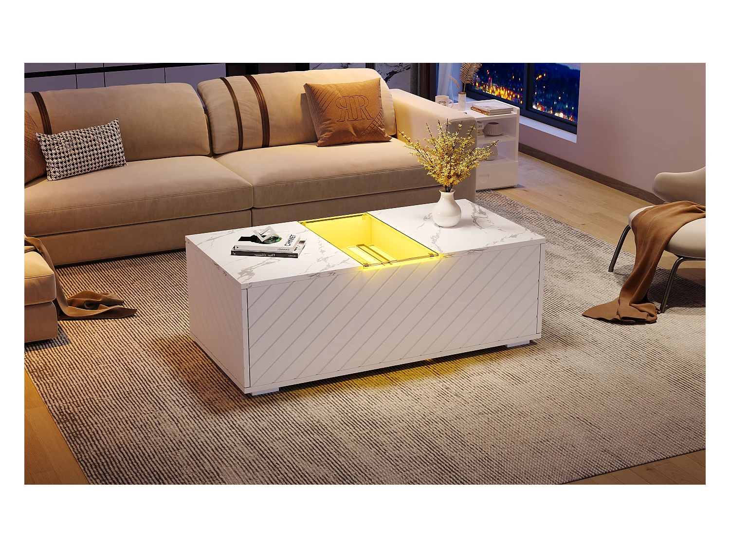 Tavolino da caffè effetto marmo bianco con illuminazione a LED, piano in vetro e 2 cassetti, pannelli in MDF (100x50x35cm)