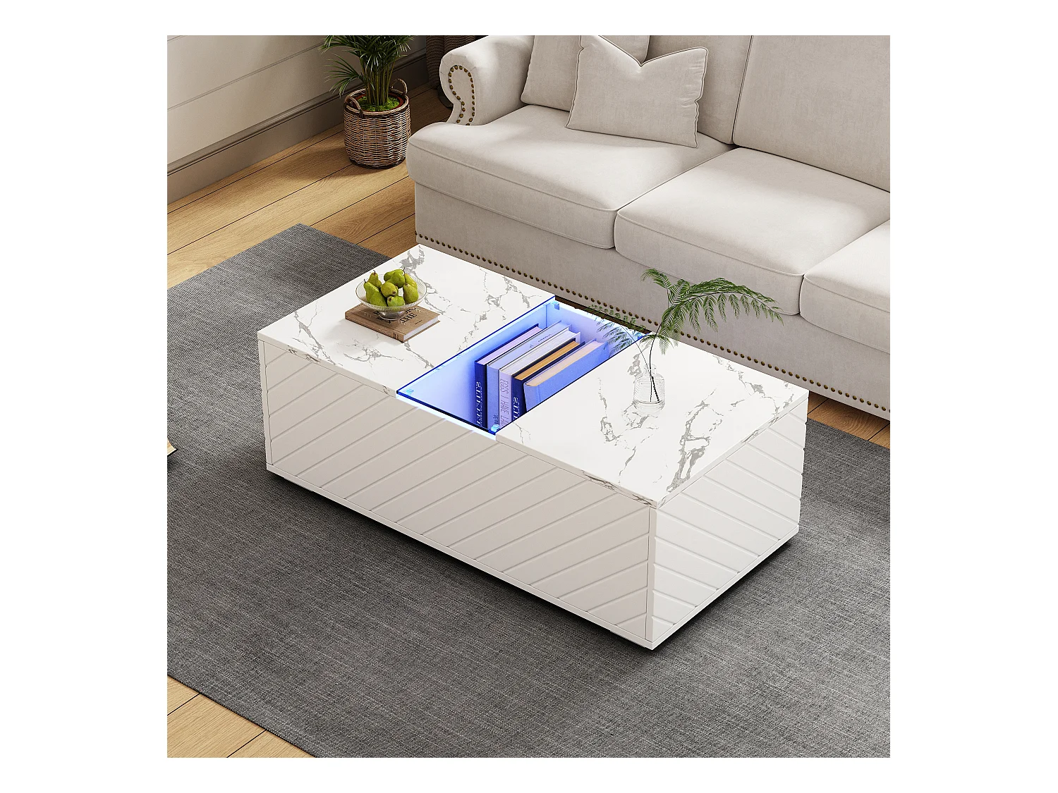 Tavolino da caffè effetto marmo bianco con illuminazione a LED, piano in vetro e 2 cassetti, pannelli in MDF (100x50x35cm)