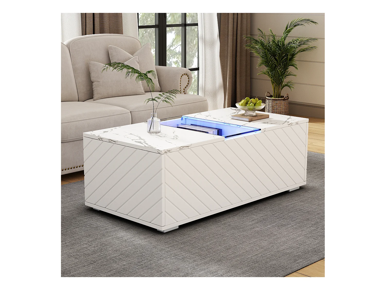 Tavolino da caffè effetto marmo bianco con illuminazione a LED, piano in vetro e 2 cassetti, pannelli in MDF (100x50x35cm)