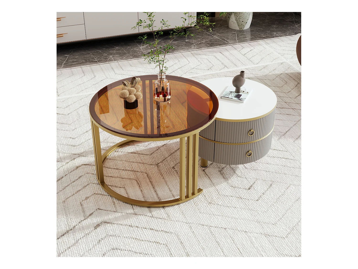 Table basse ronde 2-en-1, MDF, plateau laqué et verre trempé marron, 2 tiroirs, gris et marron (70x70x45 + 50x50x40 cm)