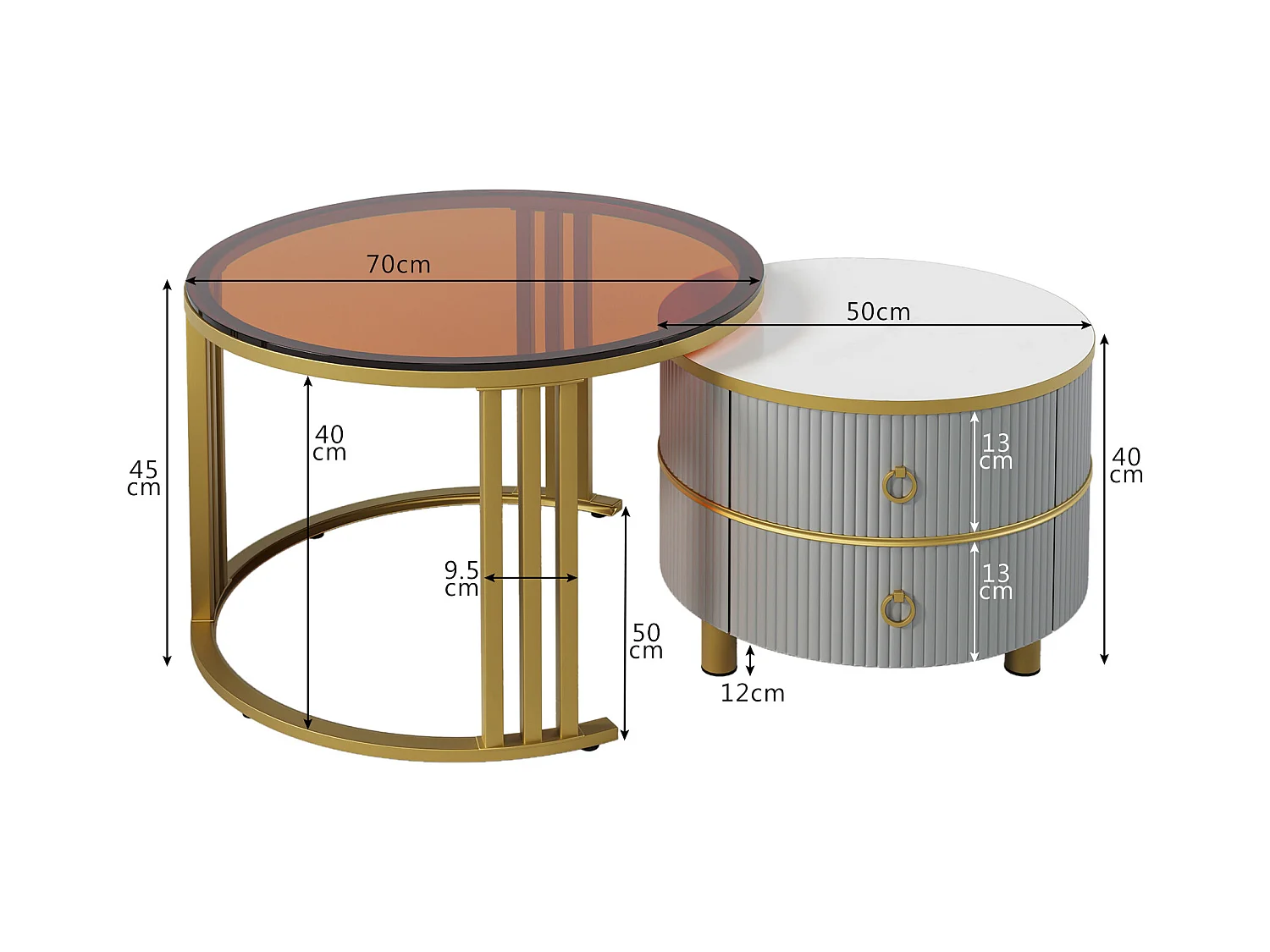 Table basse ronde 2-en-1, MDF, plateau laqué et verre trempé marron, 2 tiroirs, gris et marron (70x70x45 + 50x50x40 cm)