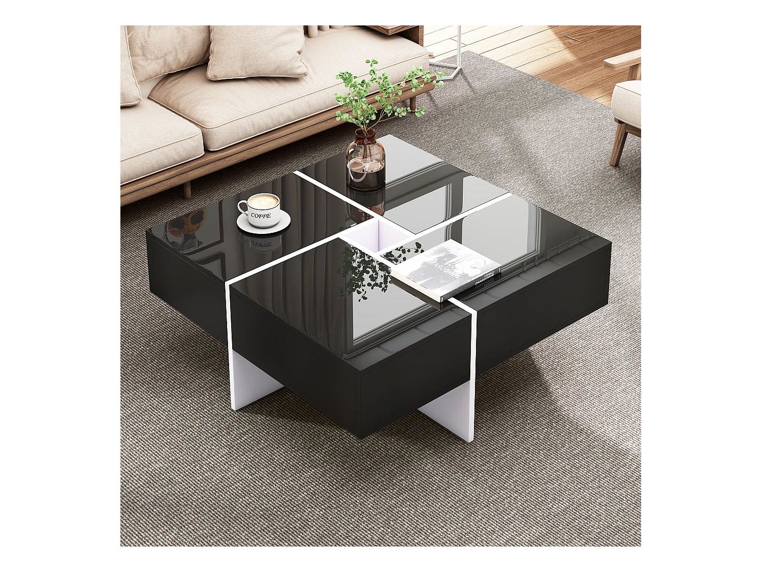 Table basse laquée élégante avec 4 tiroirs et compartiment central, panneau de particules, noir et blanc (70x70x35cm)