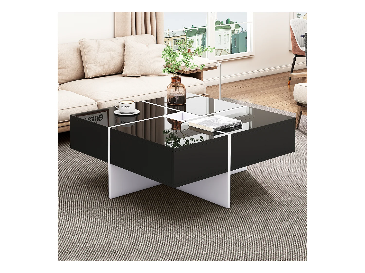 Table basse laquée élégante avec 4 tiroirs et compartiment central, panneau de particules, noir et blanc (70x70x35cm)