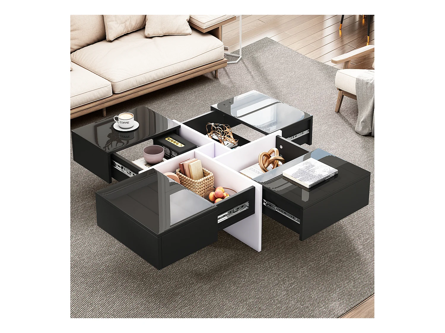 Table basse laquée élégante avec 4 tiroirs et compartiment central, panneau de particules, noir et blanc (70x70x35cm)