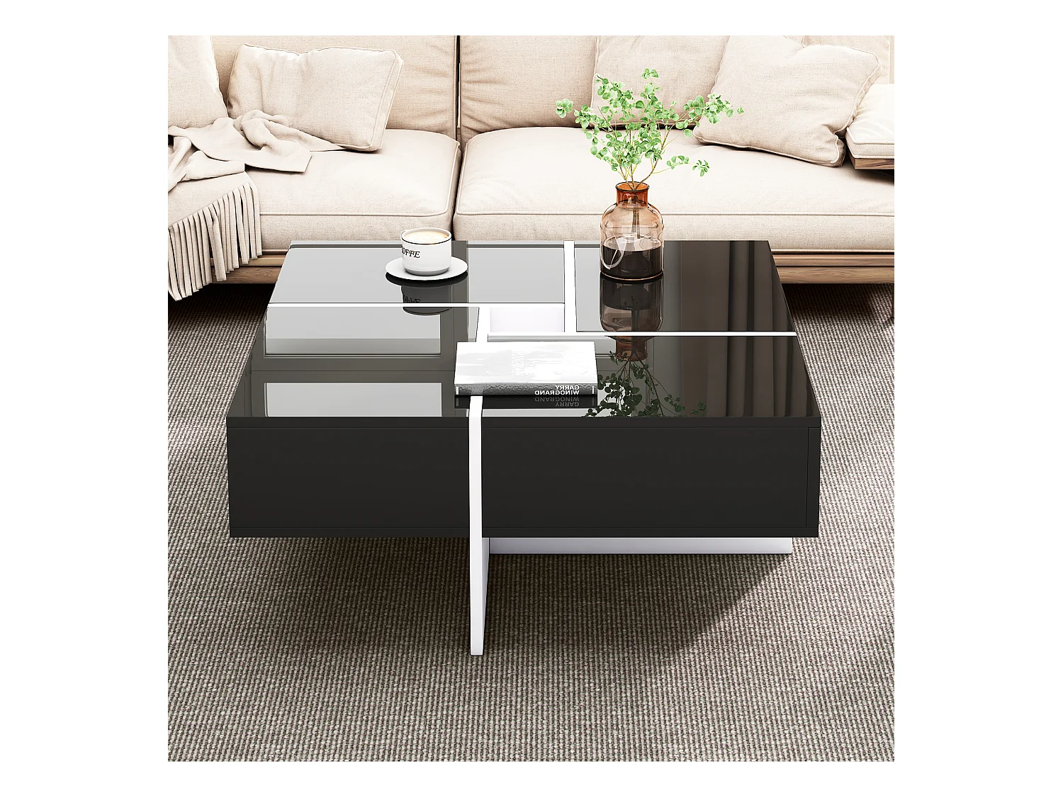 Table basse laquée élégante avec 4 tiroirs et compartiment central, panneau de particules, noir et blanc (70x70x35cm)