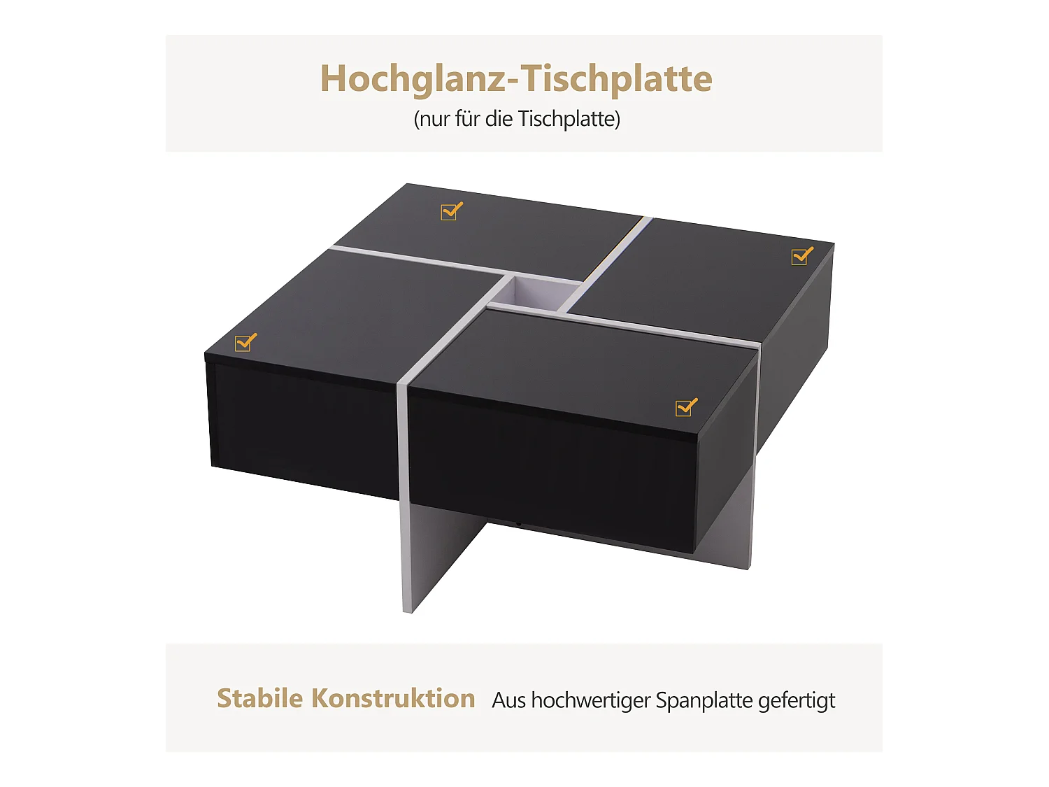 Table basse laquée élégante avec 4 tiroirs et compartiment central, panneau de particules, noir et blanc (70x70x35cm)