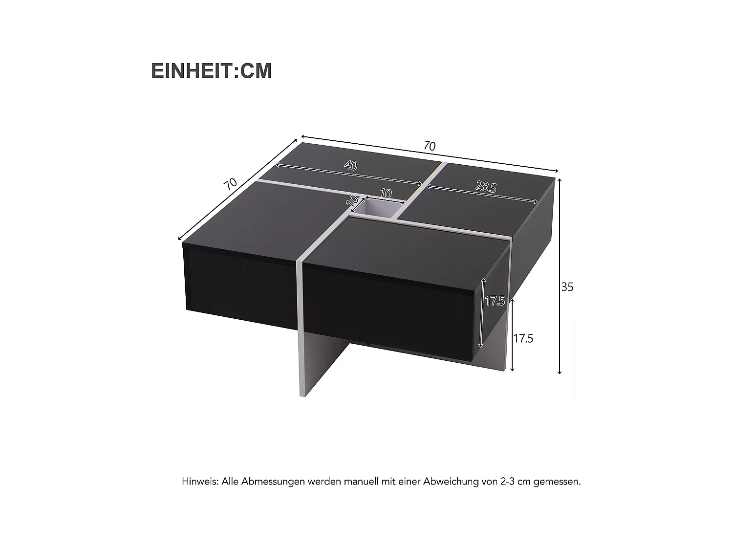 Table basse laquée élégante avec 4 tiroirs et compartiment central, panneau de particules, noir et blanc (70x70x35cm)