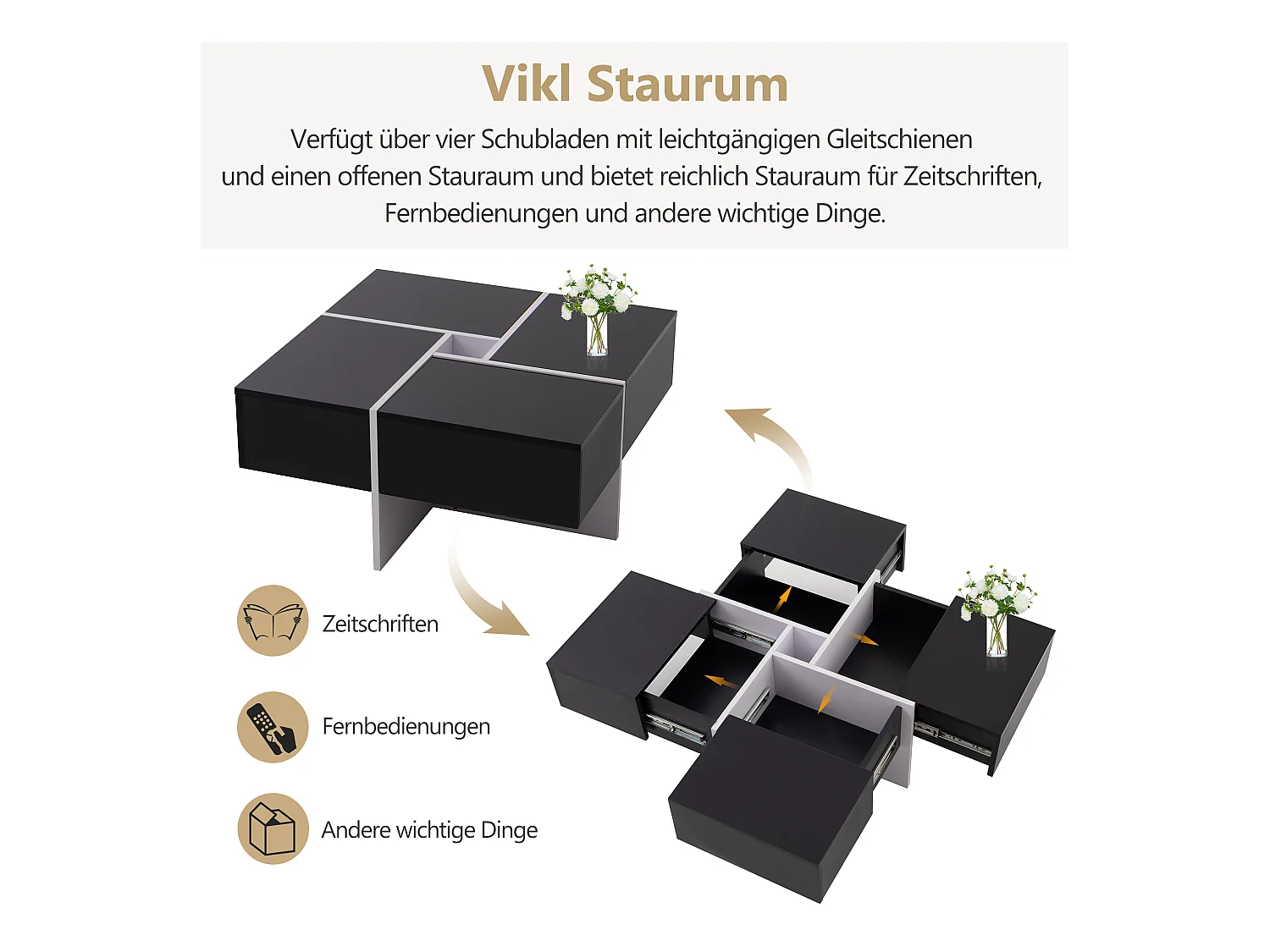 Table basse laquée élégante avec 4 tiroirs et compartiment central, panneau de particules, noir et blanc (70x70x35cm)