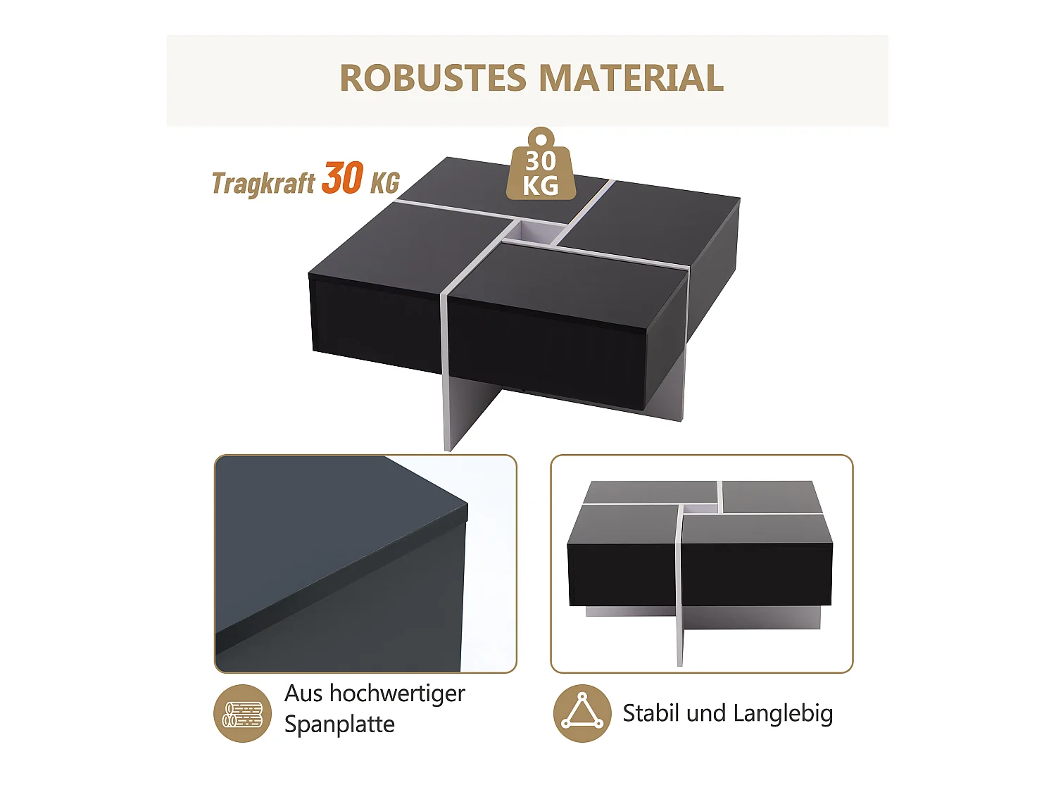 Table basse laquée élégante avec 4 tiroirs et compartiment central, panneau de particules, noir et blanc (70x70x35cm)
