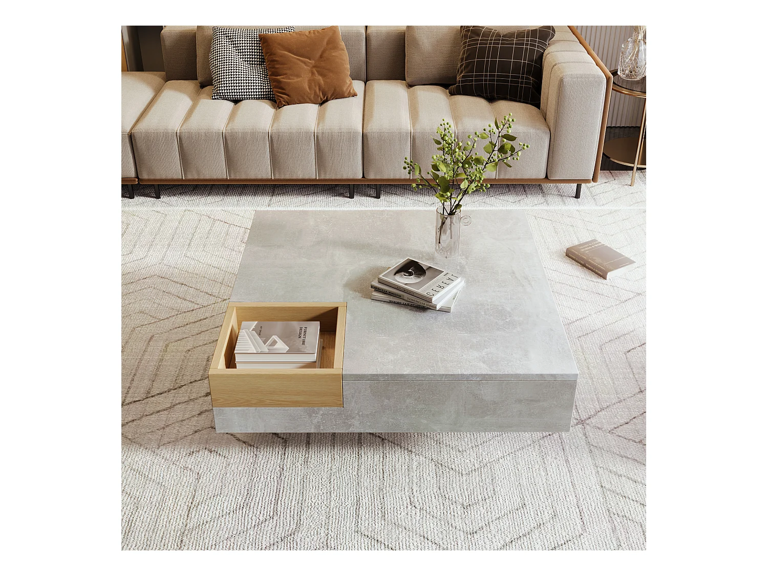 Table basse avec boîte de rangement amovible, design béton gris et bois, MDF, 72x72x30 cm