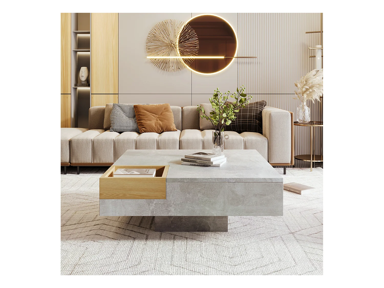 Table basse avec boîte de rangement amovible, design béton gris et bois, MDF, 72x72x30 cm