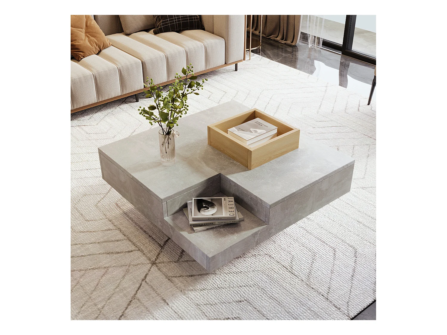 Table basse avec boîte de rangement amovible, design béton gris et bois, MDF, 72x72x30 cm