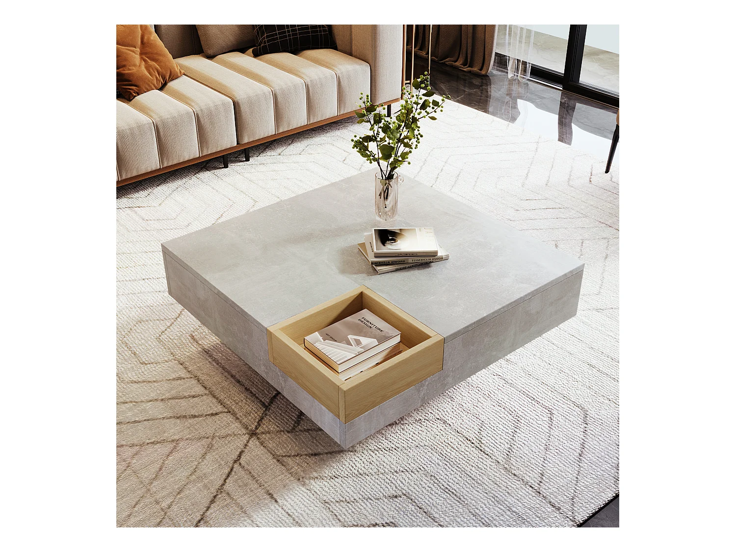 Table basse avec boîte de rangement amovible, design béton gris et bois, MDF, 72x72x30 cm