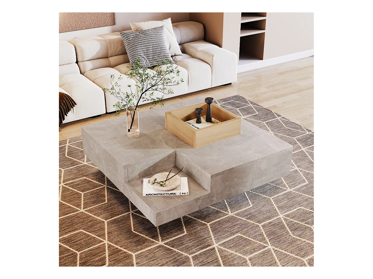 Table basse avec boîte de rangement amovible, design béton gris et bois, MDF, 72x72x30 cm