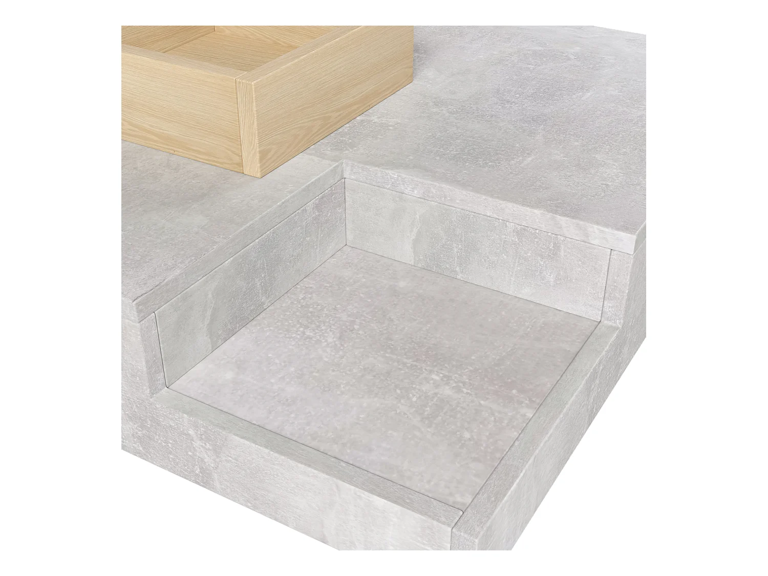 Table basse avec boîte de rangement amovible, design béton gris et bois, MDF, 72x72x30 cm