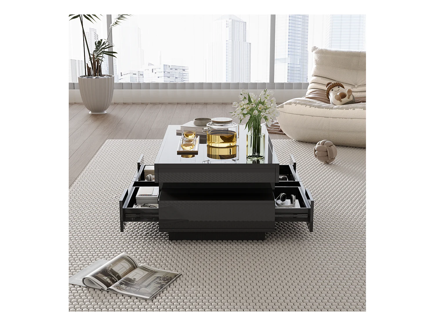 Table basse haute brillance avec LED, quatre tiroirs, grande capacité de rangement (80x50x36 cm)