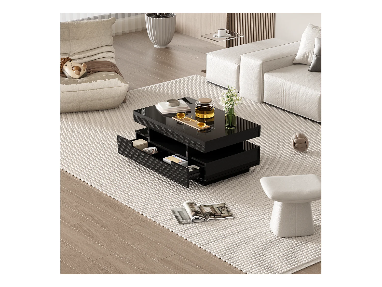 Table basse haute brillance avec LED, quatre tiroirs, grande capacité de rangement (80x50x36 cm)